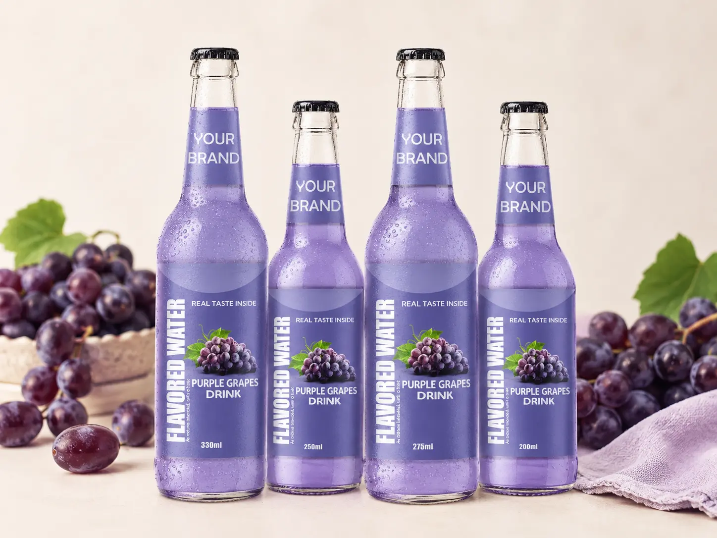 FLAVORED WATER Purple Grapes flavour in 200ml, 250ml, 275ml and 330ml glass bottles.